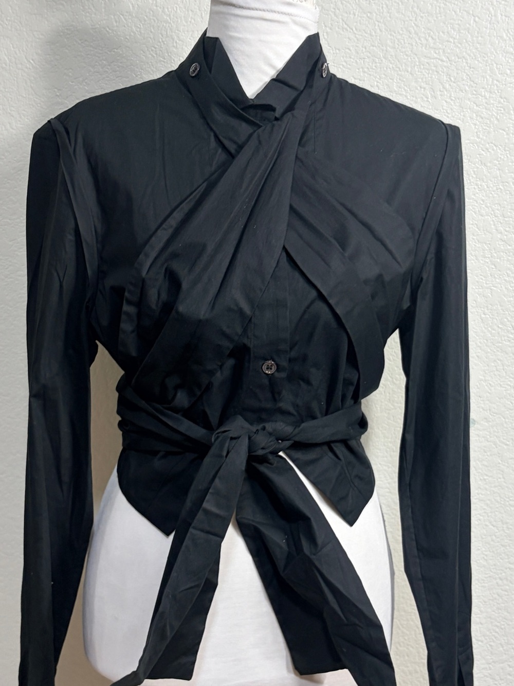 Ann Demeulemeester Neiman Marcus Black Wrap Tie Button Down Shirt Cotton 42 NWT
